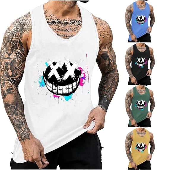 XIAOCHA Cartoon Print Tank Top For Men Sleeveless Crew Neck Workout Casual Muscle Shirt