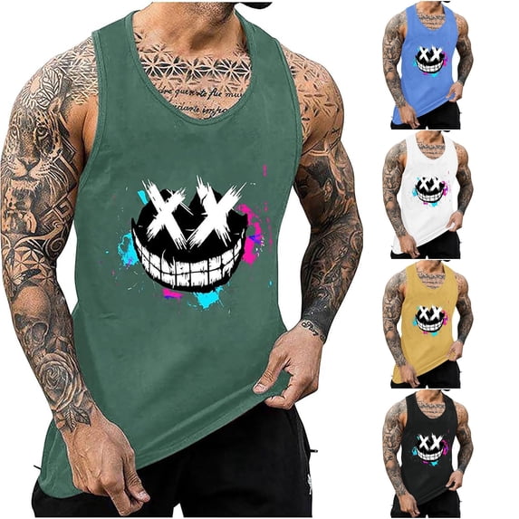 XIAOCHA Cartoon Print Tank Top For Men Sleeveless Crew Neck Workout Casual Muscle Shirt