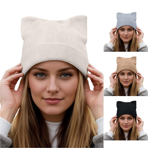 XIAOCHA Cat‑Ear ed Beanie for Women,Solid‑Rib Fall‑Winter Outdoor Toque,White