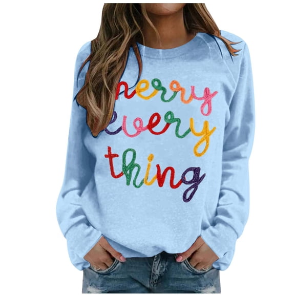 XIAOCHA Christmas Crew Neck Sweatshirt for Women Loose Colorful Letter Pullover Tops Casual Holiday Parties Sweatshirts