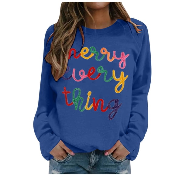 XIAOCHA Christmas Crew Neck Sweatshirt for Women Loose Colorful Letter Pullover Tops Casual Holiday Parties Sweatshirts
