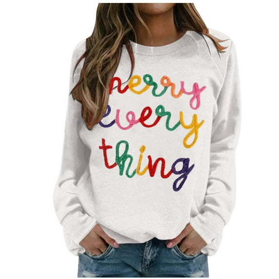 XIAOCHA Christmas Crew Neck Sweatshirt for Women Loose Colorful Letter Pullover Tops Casual Holiday Parties Sweatshirts