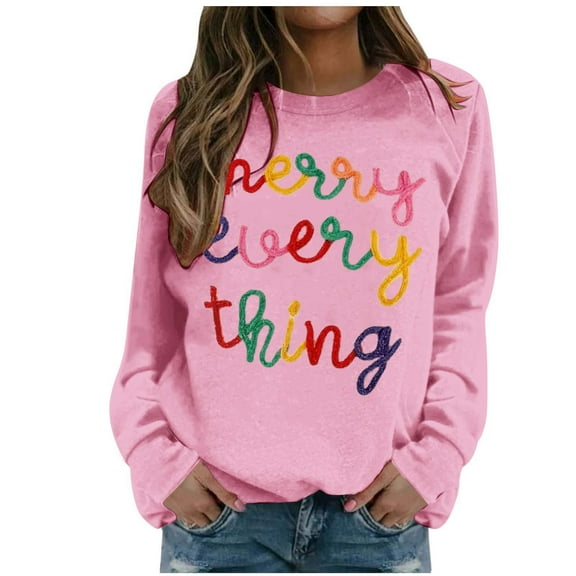 XIAOCHA Christmas Crew Neck Sweatshirt for Women Loose Colorful Letter Pullover Tops Casual Holiday Parties Sweatshirts