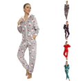 thumbnail image 1 of XIAOCHA Christmas Print Onesie For Women Hooded Zip Up Fleece Jumpsuit Nightwear, 1 of 5