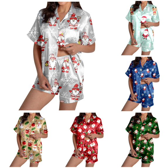 XIAOCHA Christmas Print Pajama Set For Women Short Sleeve Button Tops Shorts Sleepwear