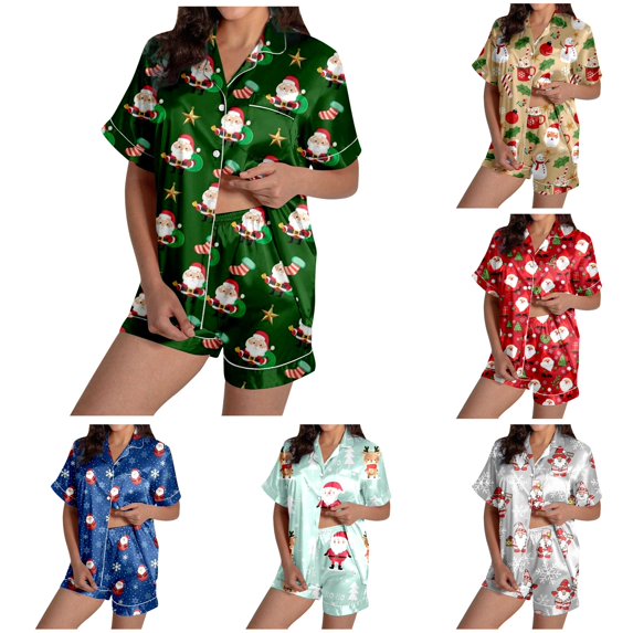 XIAOCHA Christmas Print Pajama Set For Women Short Sleeve Button Tops Shorts Sleepwear