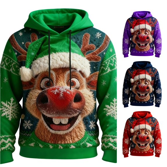 XIAOCHA Christmas Reindeer Hoodie Sweatshirt For Men Long Sleeve Snowflake Print Casual Pullover Top, Green, Sizes S