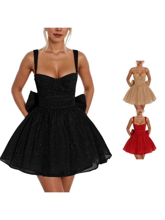 Corset Mini Dress for Women Wide Straps Glitter Mesh Fabric Back Bow Detail Flared Skirt Homecoming Dresses