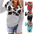 thumbnail image 1 of XIAOCHA Cow Print Half Zip Hoodie for Women Color Block Solid Walking Hooded Top, 1 of 4