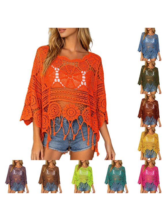 Crochet Topper for Women Fringe Bell Sleeve Casual Cover Up Boho Beach Everyday Blouse, Orange, Sizes One Size