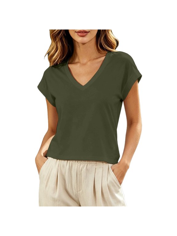 Cropped Tee Shirt for Women V Neck Short Sleeve Solid Relaxed Fit Tshirt