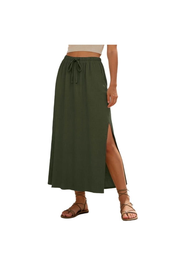 Drawstring Waist Side Slit Maxi Skirt for Women Casual Flowy Beach Vacation Long Skirt