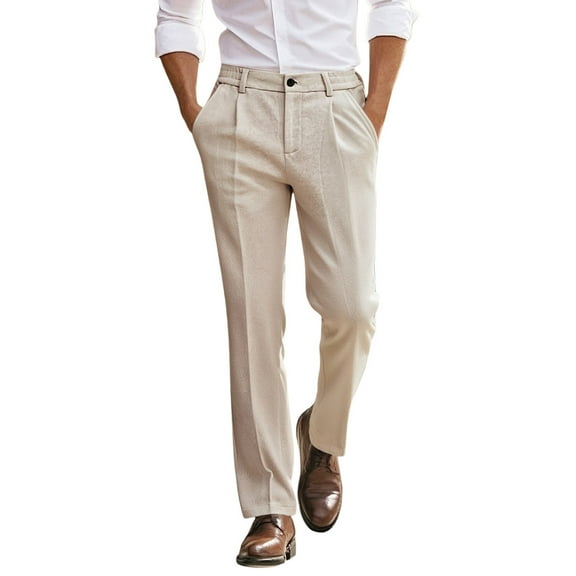 XIAOCHA Dress Pants for Men Loose Fit Button Waist Straight Pants Stretchy Soft Business formal TrousersBeige28