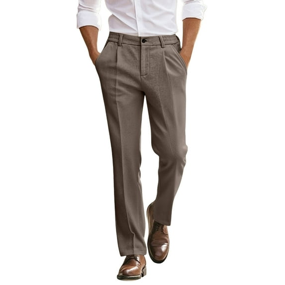 XIAOCHA Dress Pants for Men Loose Fit Button Waist Straight Pants Stretchy Soft Business formal TrousersCoffee34