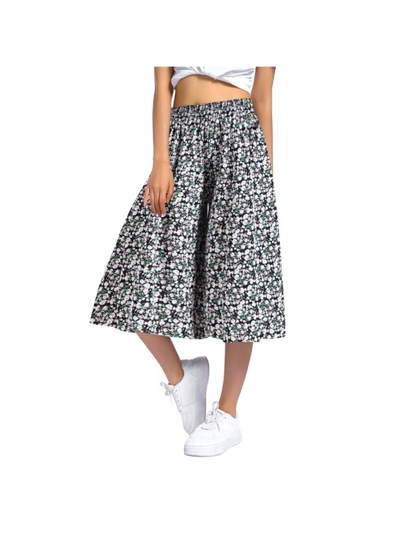 Elastic Waist Culottes for Women Solid Flowy Wide Leg Skirt Pants Casual Daily Wear Bottoms