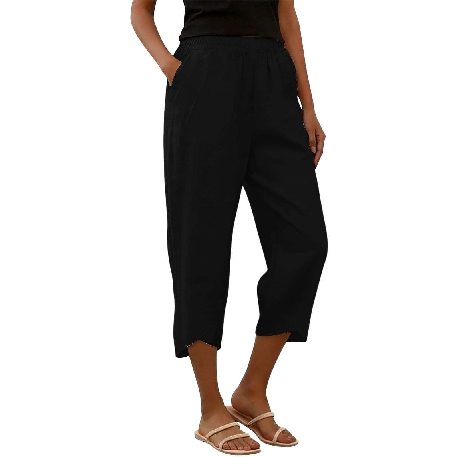 XIAOCHA Elastic Waist Tulip-Hem Capri Pants for Women Loose-Fit