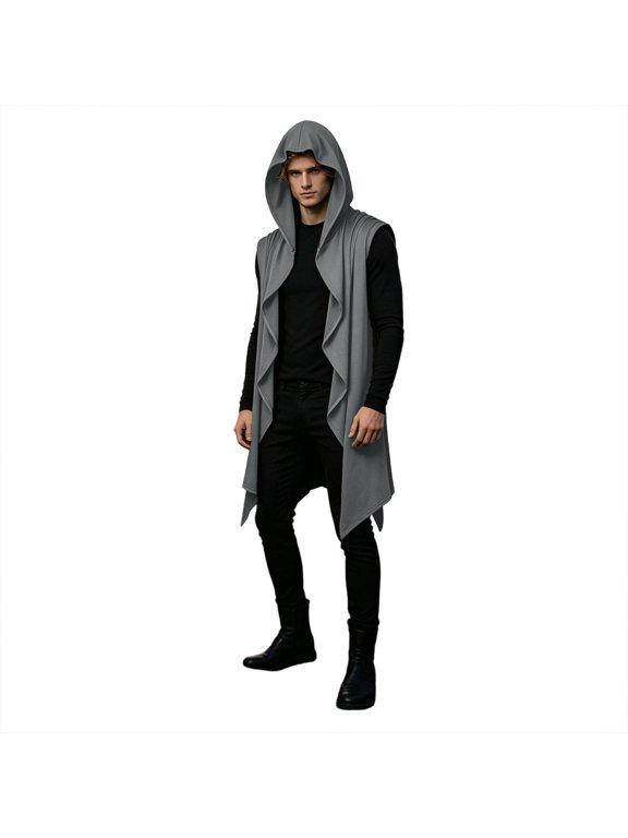 Elf Hooded Sleeveless Long Cardigan For Men Asymmetric Hem Open Front Cloak Vest