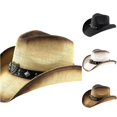 thumbnail image 1 of XIAOCHA Emblem Accent Straw Cowboy Hat for Men Shapeable Brim Outdoor Rodeo Cowgirlhat Horse Riding Western Hat,Beige, 1 of 6