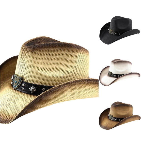 XIAOCHA Emblem Accent Straw Cowboy Hat for Men Shapeable Brim Outdoor Rodeo Cowgirlhat Horse Riding Western Hat,Beige