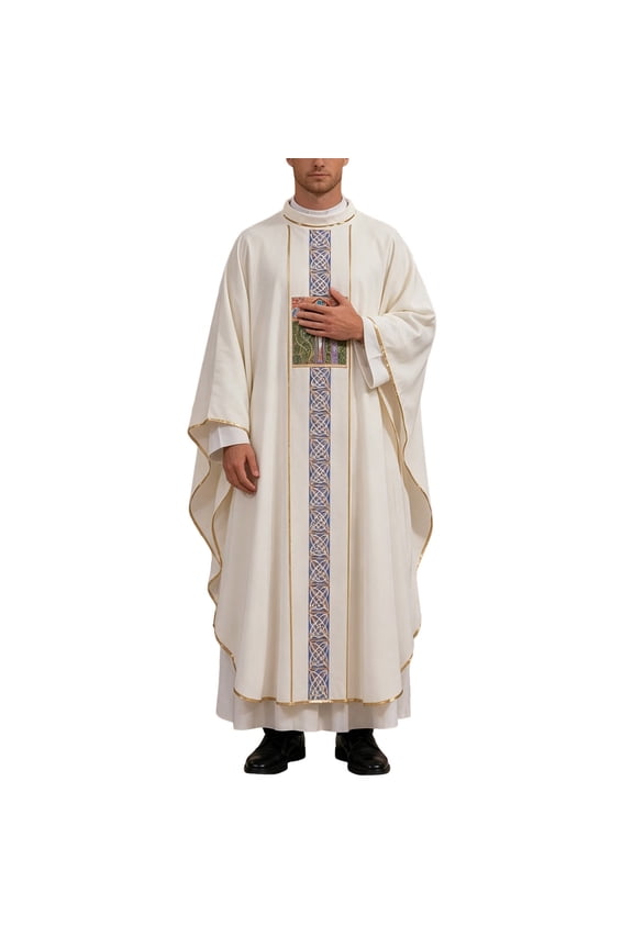 Embroidered Religious Clergy Robe For Men Wide Flare Sleeve Gold Trim Church Ceremony Full Length Tunic