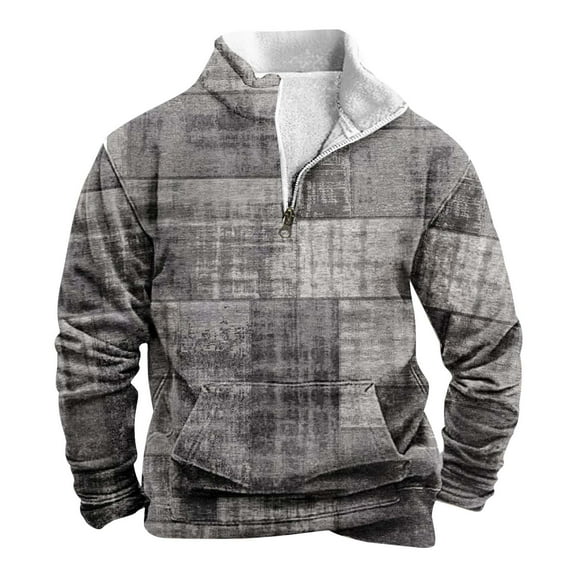 XIAONU Fall Winter Mens Stand Collar Sweatshirts Geometric Striped Quarter Zip Sweatshirt Warmth Kangaroo Pocket Outdoor Top Grey S