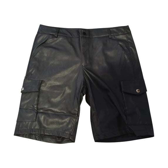 XIAOCHA Leather Cargo Shorts for Men Solid Button Pocket Bottoms Punk Club Daily Street Pants