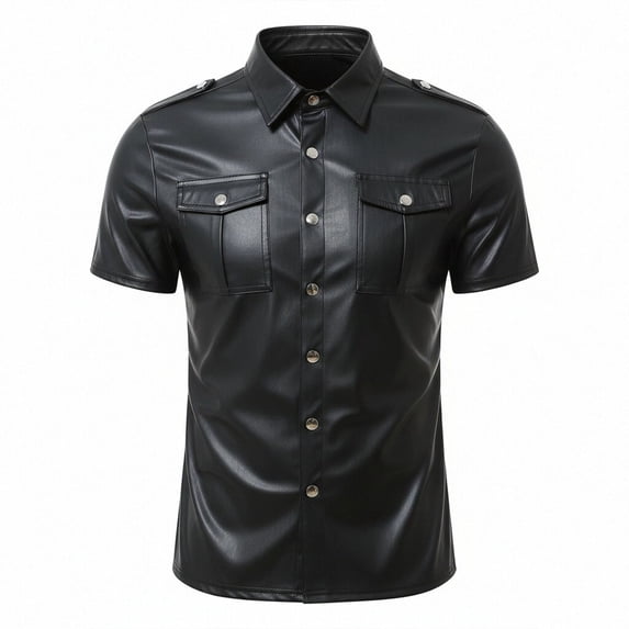 XIAOCHA Faux Leather Pocket Shirt for Men Fitted Short Sleeve Collared Button Up Blouse Smooth Edgy Nightclub Shirts