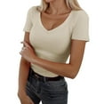 thumbnail image 1 of XIAOCHA Fitted Ribbed Tops For Women Short Sleeve Deep V Neck Cropped Pullover Top Comfy Y2K Summer Crop Tops, 1 of 5