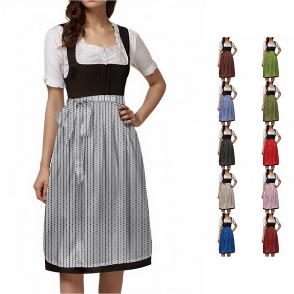 XIAOCHA Flared Dirndl Skirts for Women Dot Stripe Print Oktoberfest Midi Apron Dresses Party Bottoms,Light Gray,Sizes M