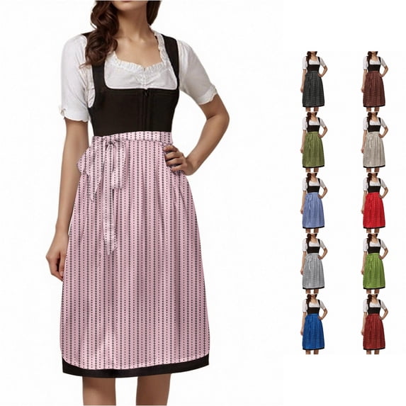 XIAOCHA Flared Dirndl Skirts for Women Dot Stripe Print Oktoberfest Midi Apron Dresses Party Bottoms,Pink,Sizes M