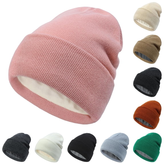 XIAOCHA Fleece‑Lined Beanie for Women Solid Hats Casual Fall‑Winter Toque,Pink