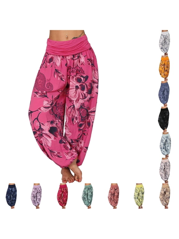 Floral Paisley Print Ruched Waist Harem Pants for Women Loose Fit Boho Casual Yoga Lounge Wear Trousers