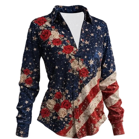XIAOCHA Floral Print American Flag Button Down Shirt for Women Vintage Long Sleeve Fourth Of July Tops