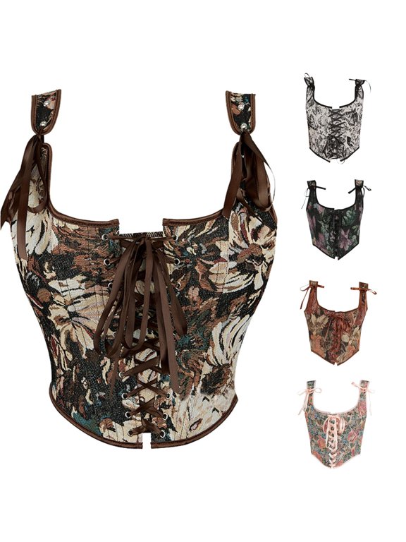 Floral Print Corset For Women Sleeveless Lace Up Back Party Bustier Top