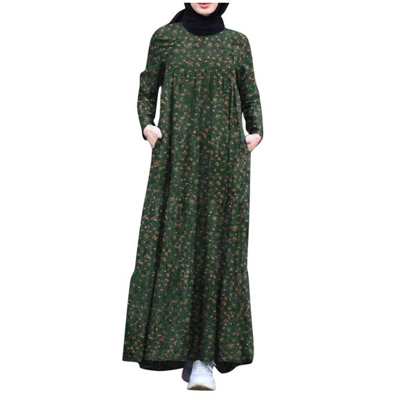 XIAOCHA Floral Printed Abaya for Women Loose Tiered Pocketed Long Sleeve Crew Neck Maxi Dress Breathable Modest Casual Dresses