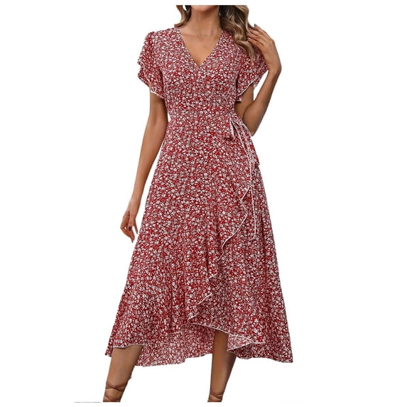 XIAOCHA Floral Wrap Dress for Women Fitted Ruffled Flutter Sleeve V Neck Midi Dress Lightweight Sweet Weekend Dresses