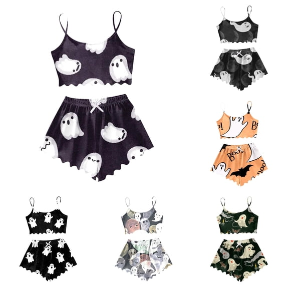 XIAOCHA Ghost Print Pajama Set For Women Scalloped Hem Cami Shorts Nightwear