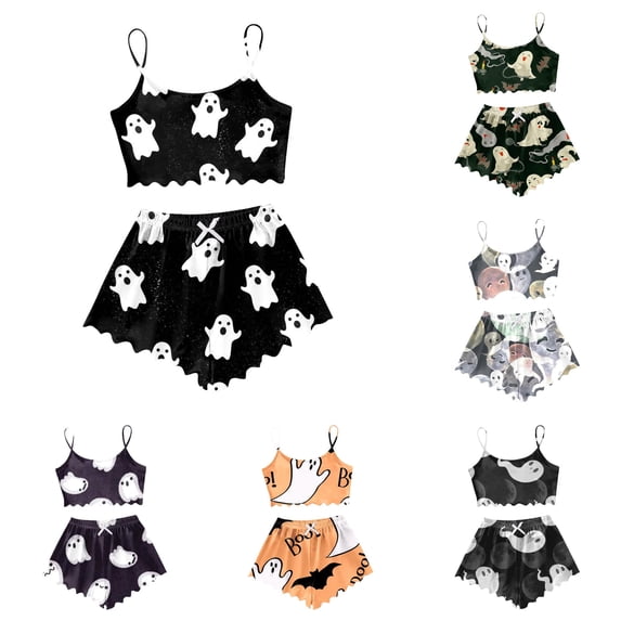 XIAOCHA Ghost Print Pajama Set For Women Scalloped Hem Cami Shorts Nightwear