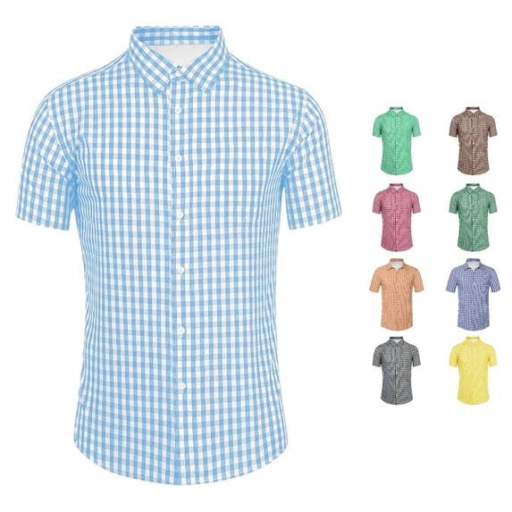 XIAOCHA Gingham Plaid Button Shirt for Men Turn Down Collar Short Sleeve Daily Commute Casual Blouse