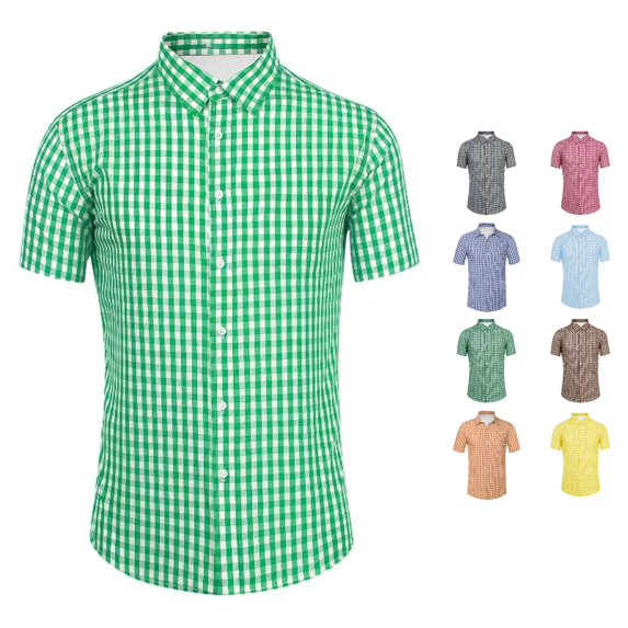 XIAOCHA Gingham Plaid Button Shirt for Men Turn Down Collar Short Sleeve Daily Commute Casual Blouse
