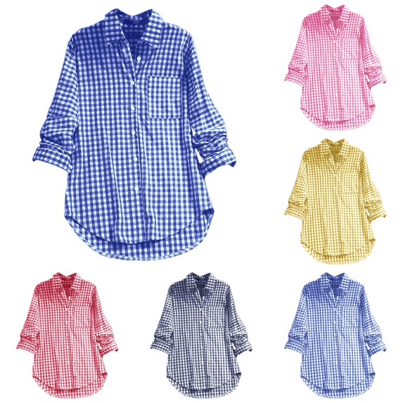 XIAOCHA Gingham Print Button Down Shirt For Women Lapel Long Sleeve Loose Pocket Blouse