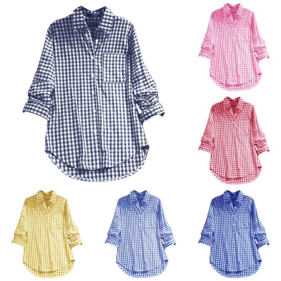 XIAOCHA Gingham Print Button Down Shirt For Women Lapel Long Sleeve Loose Pocket Blouse