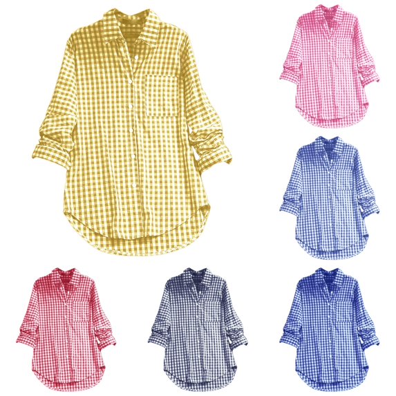 XIAOCHA Gingham Print Button Down Shirt For Women Lapel Long Sleeve Loose Pocket Blouse
