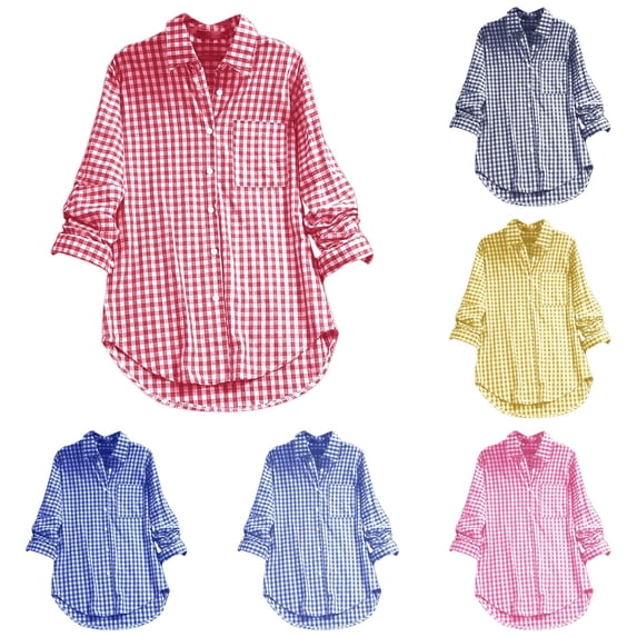 XIAOCHA Gingham Print Button Down Shirt For Women Lapel Long Sleeve Loose Pocket Blouse