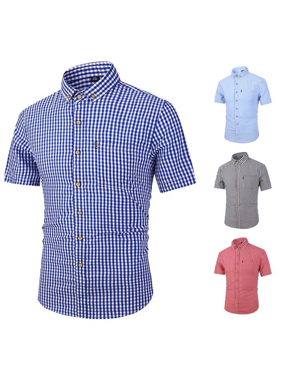 Gingham‑Print Shirt for Men Short‑Sleeve Spread‑Collar Casual Meet‑Up Classic Button Shirt, Blue, Sizes XL