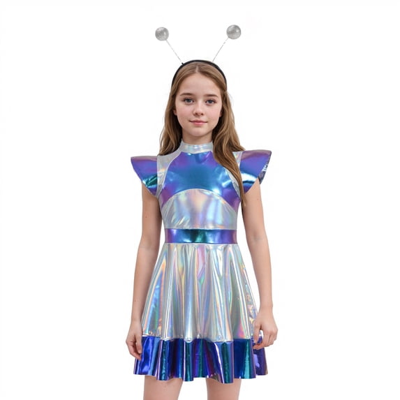 XIAOCHA Girls Halloween Alien Theme Mini Dress Flutter Sleeve Fit Flare Silhouette Party Short Dress