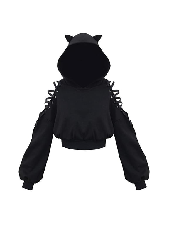 Gothic Cat Ear Cropped Hoodie for Women Cute Lace Up Cold Shoulder Party Hooded Sweatshirt