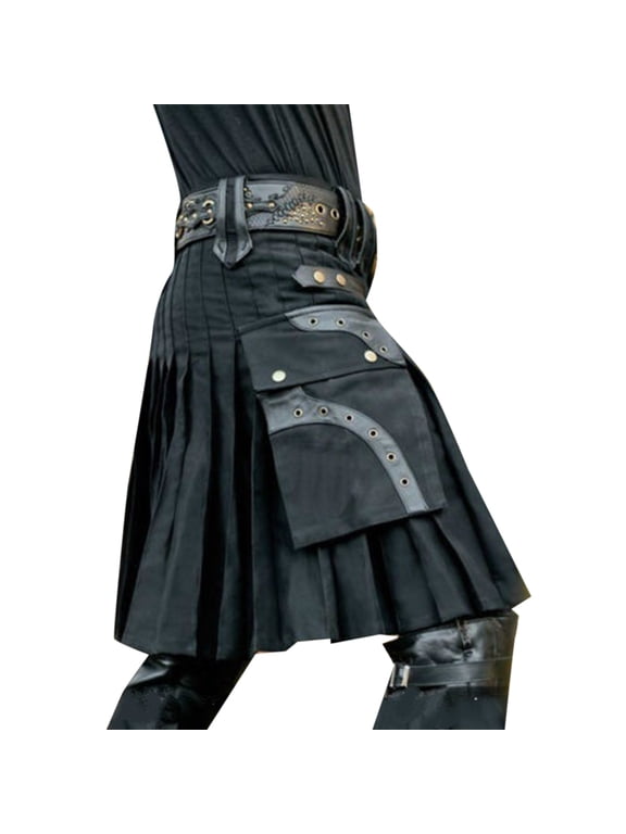 Gothic Kilt Skirt for Men Loose High Waist Belted Pleated Skirts Edgy Streetwear Skirt With PocketsBlackM