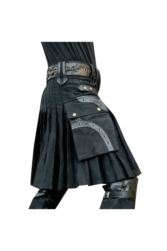 Gothic Kilt Skirt for Men Loose High Waist Belted Pleated Skirts Edgy Streetwear Skirt With PocketsBlackM