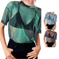 thumbnail image 1 of XIAOCHA Gradient Mesh T Shirt For Women Crew Neck Short Sleeve Sheer Cover Up Casual Tee, 1 of 5